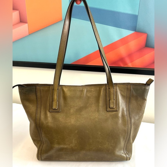 Fossil Emma Shopper Green Pastures Olive Green Leather Tote - Picture 2 of 16